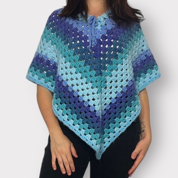 Vintage Boho Blue Knit Poncho - Picture 2 of 6